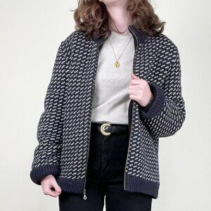 Vintage L.L. Bean Wool Knit Bomber Jacket Coat Sweater Fleece Lined Sweater 90s